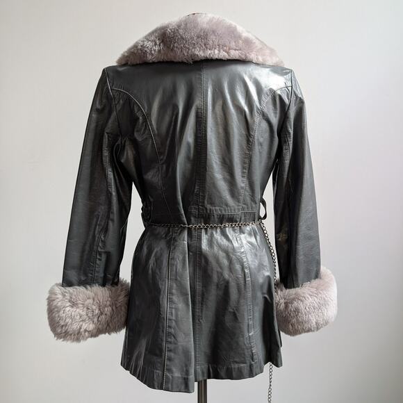 Vintage Blue Grey Leather Shearling Penny Lane Jacket Groovy Trench Coat Medium - Picture 6 of 9